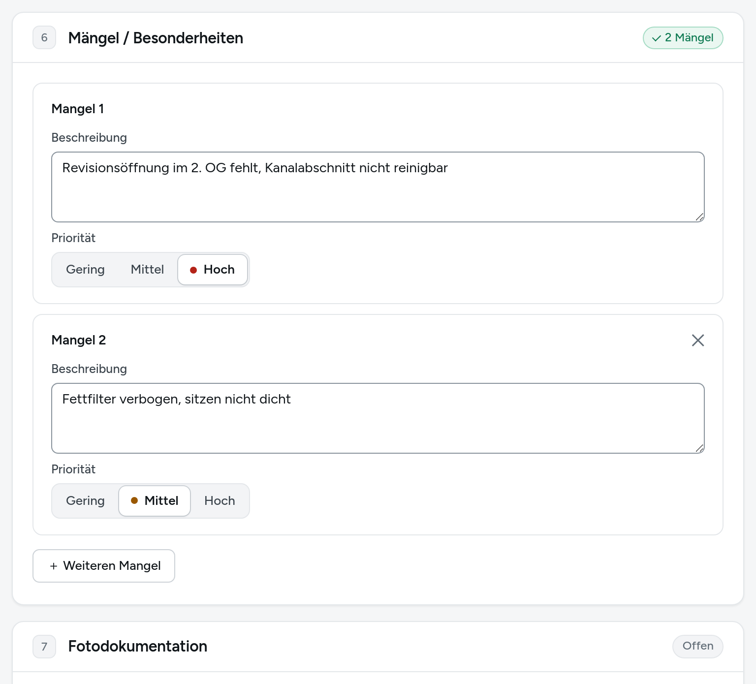 Aufnahme am Laptop: Mängel mit Priorität und Fotodokumentation